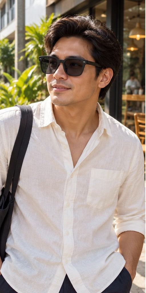 Filipino man wearing black square photochromic glasses outdoors