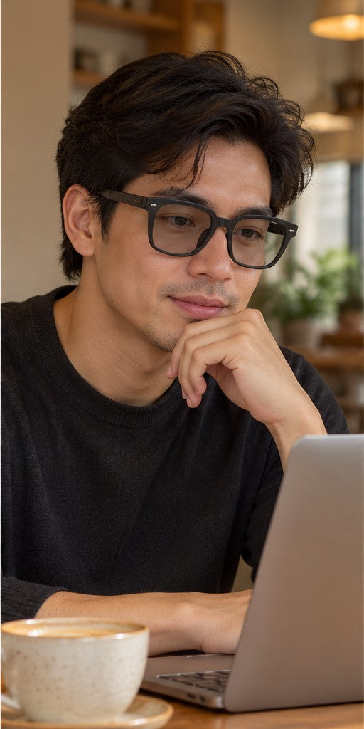 Same Filipino man wearing lighter lenses while seated indoors at a café